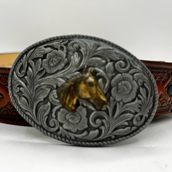 Vtg Rockmount Ranch Wear Western Hand Tooled Leather Belt Size 36 Horse Buckle - Picture 1 of 5